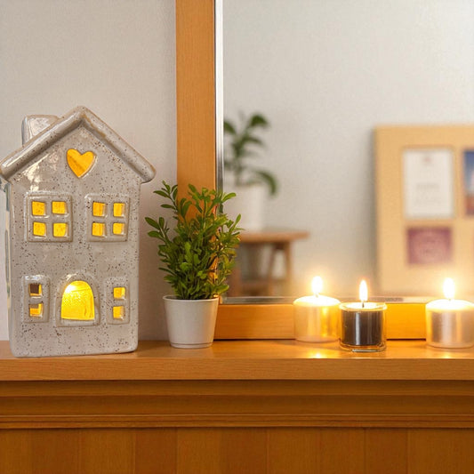 Ceramic handcrafted tea light holder on a table, next to plant and a mirror.
