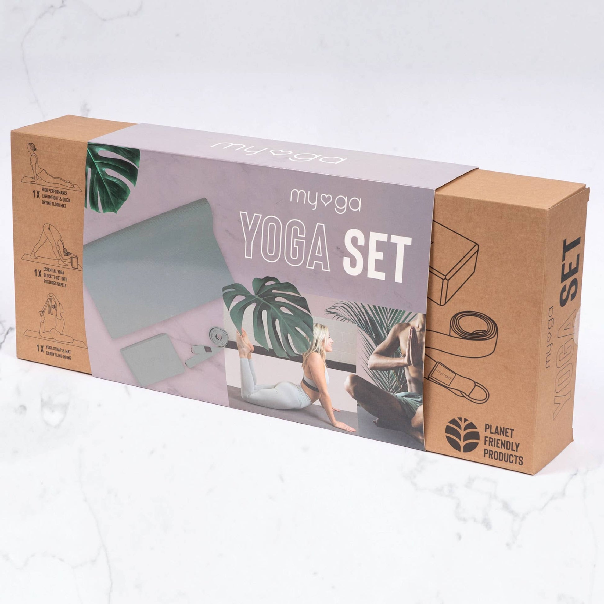 Box packaging for a yoga set with 'myoga' branding on a light gray background