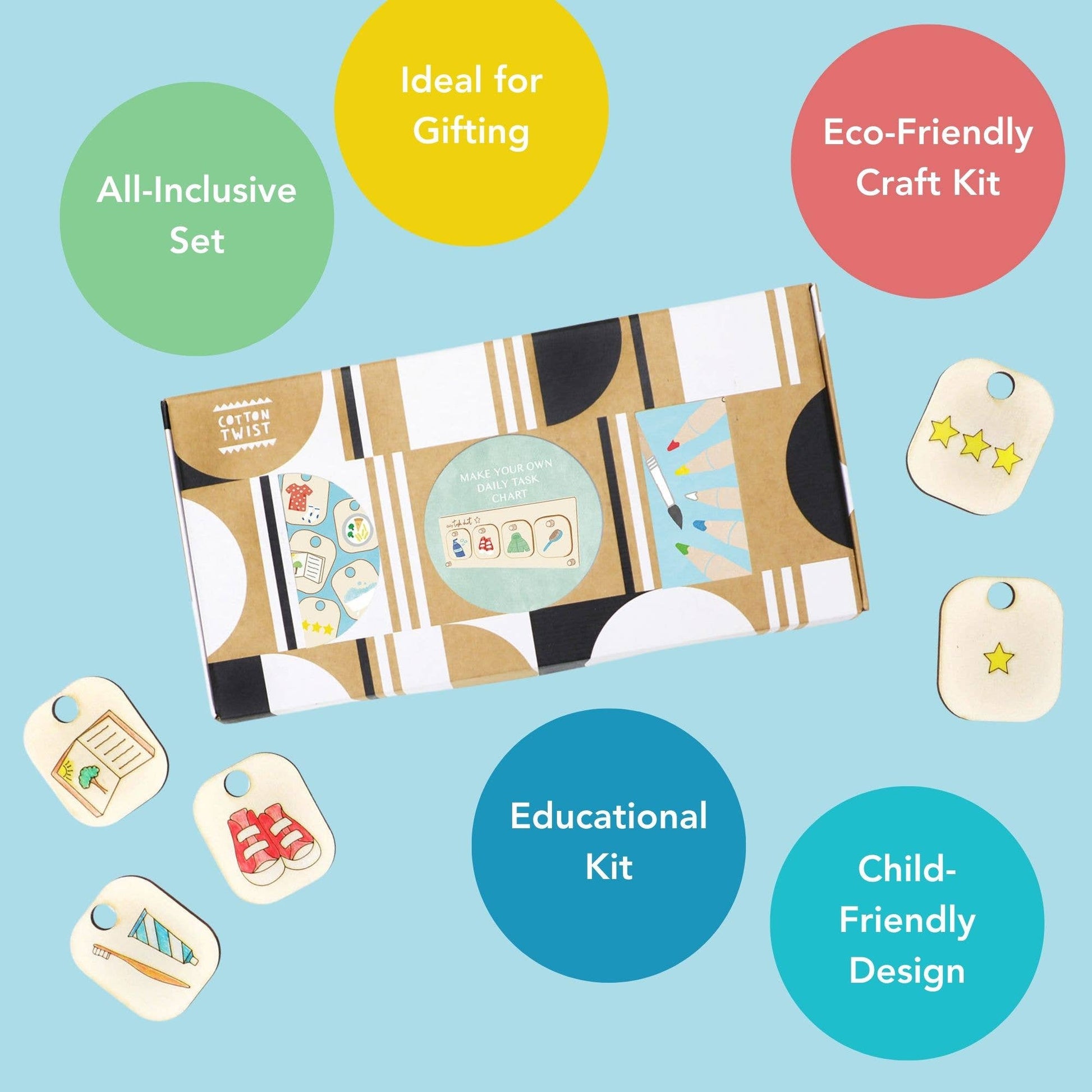 Marketing graphic for the Daily Task Chart Craft Kit, highlighting key selling points: All-Inclusive Set, Ideal for Gifting, Eco-Friendly Craft Kit, Educational Kit, and Child-Friendly Design. The product box is surrounded by wooden chore tokens, including reading a book, putting on shoes, and star reward tokens.