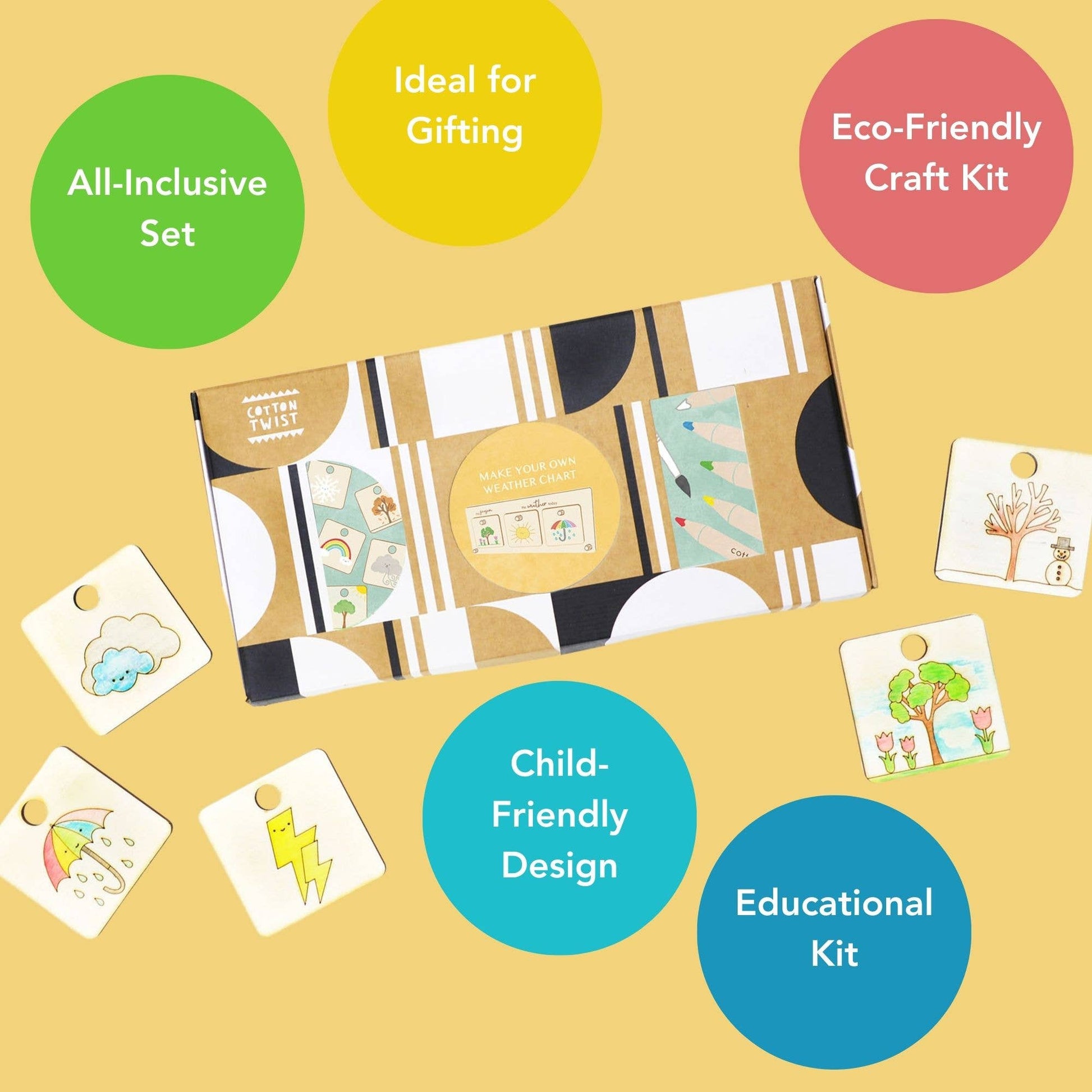 Marketing graphic for the wooden weather and season chart craft kit, emphasizing key features: 'All-Inclusive Set,' 'Ideal for Gifting,' 'Eco-Friendly Craft Kit,' 'Child-Friendly Design,' and 'Educational Kit.' The image shows the product box and various weather-themed wooden tokens like a rainbow, cloud, lightning, and tree.