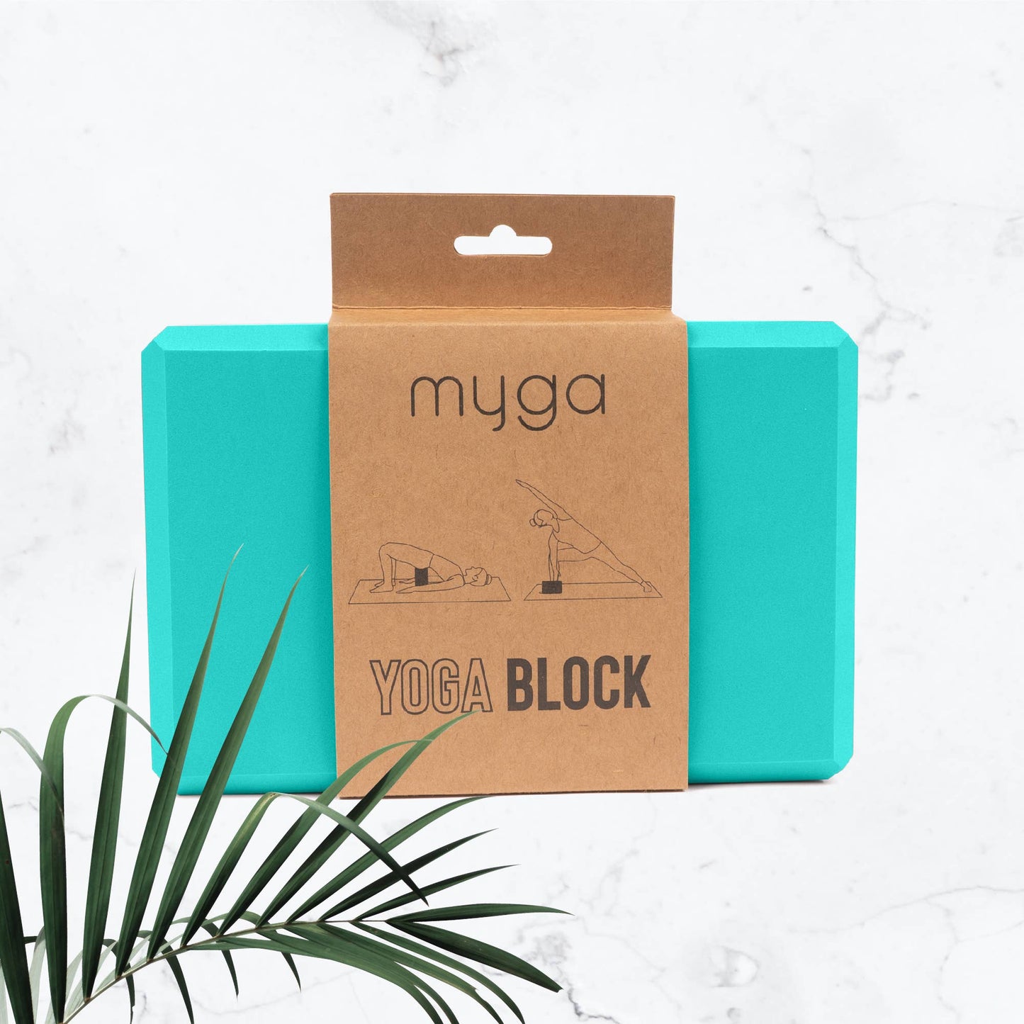 Turquoise yoga block with brown 'myga' branded packaging on a light background