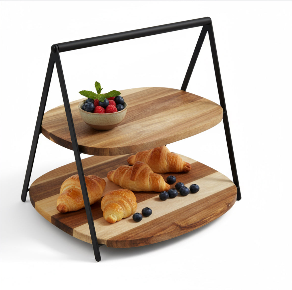 2 tier acacia wood cake stand with croissants and fruit. 