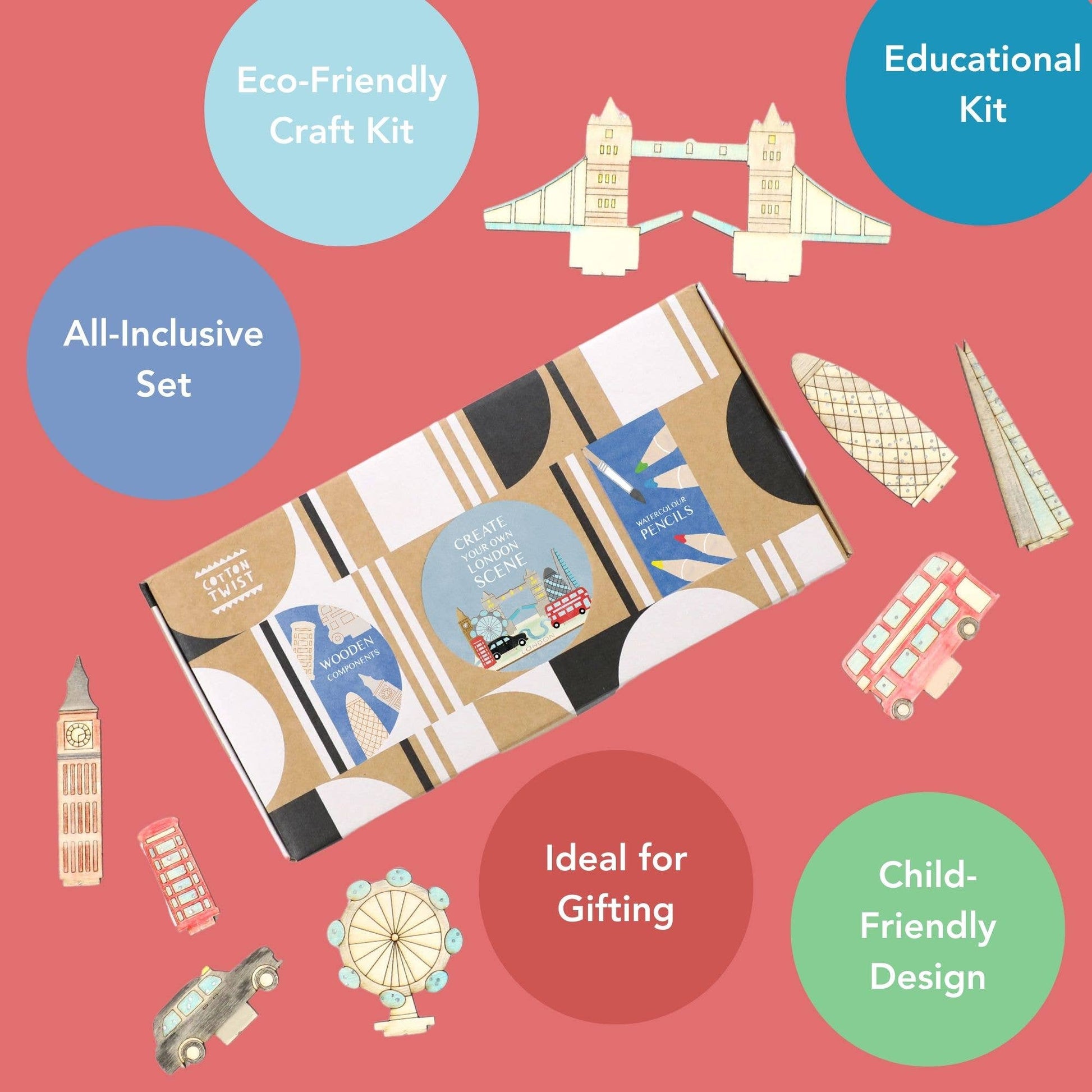 **Marketing graphic for the London Landmarks Craft Kit, highlighting key features: Eco-Friendly Craft Kit, Educational Kit, All-Inclusive Set, Ideal for Gifting, and Child-Friendly Design. The product box is surrounded by the wooden London pieces, including Big Ben, Tower Bridge, and the double-decker bus.