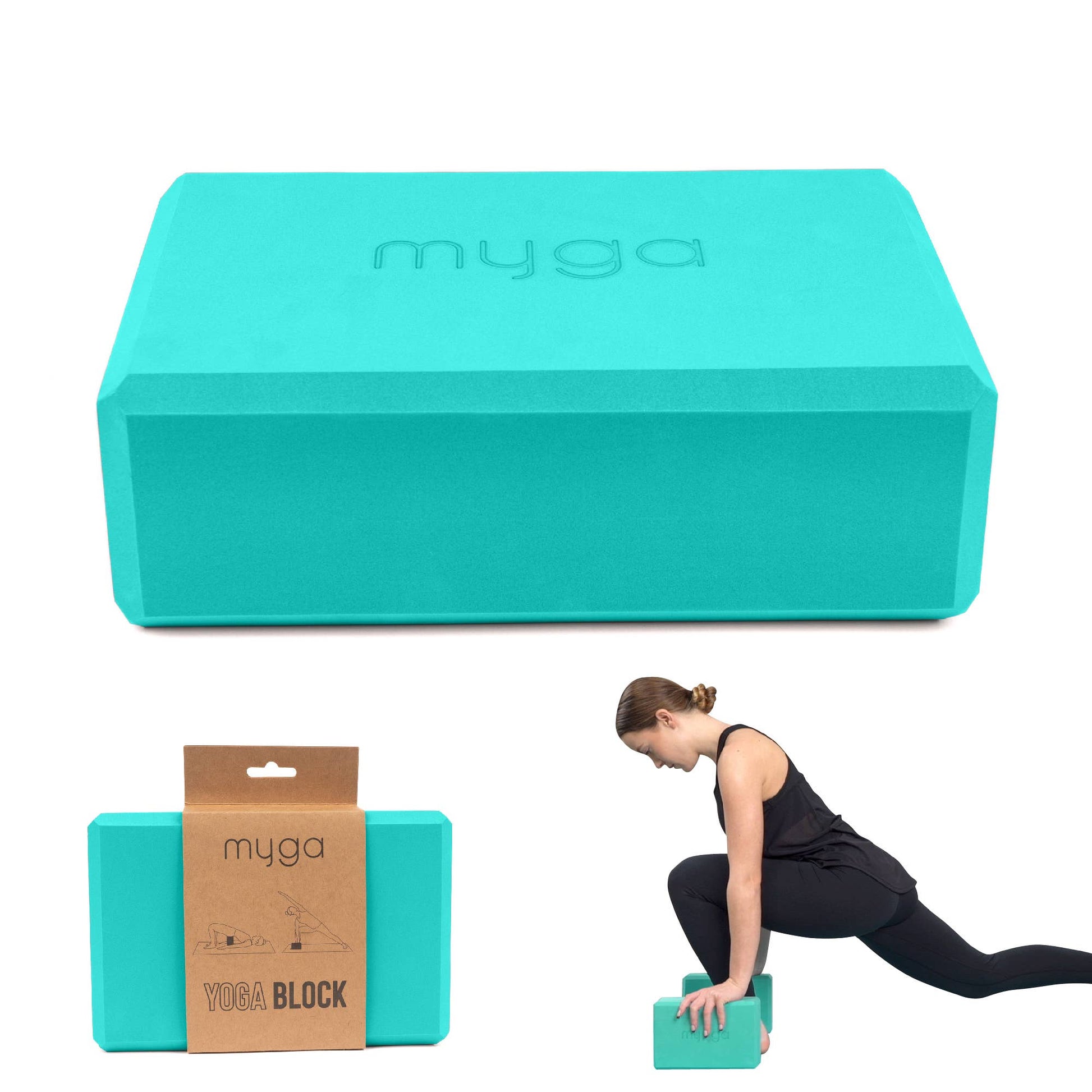 Product composite image for the Myga Teal Foam Yoga Block. The image shows the block alone, the block with its kraft paper packaging, and a woman using the block to support herself in a Low Lunge pose, demonstrating the product's color, packaging, and function as a yoga prop.