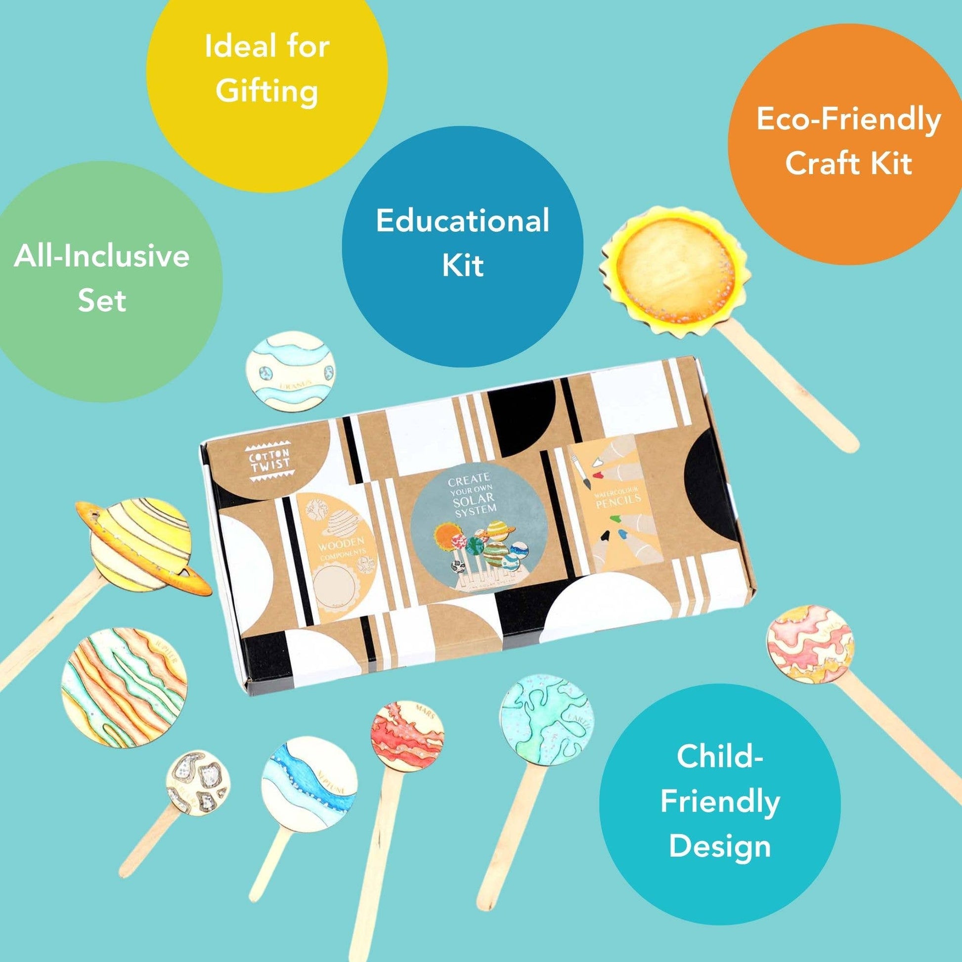 Marketing graphic for the DIY Solar System Craft Kit, highlighting key features: 'Educational Kit,' 'Eco-Friendly Craft Kit,' 'All-Inclusive Set,' 'Ideal for Gifting,' and 'Child-Friendly Design.' The product box is shown surrounded by the finished wooden Sun and planet tokens